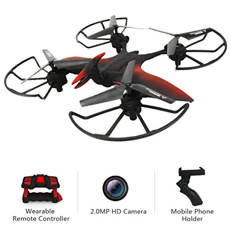 Drone with HD Camera Live Video 2.0MP 720P Easy to Control with Wearable G-Sensor Remote Control Emulational Pterosaur Quadcopter 2 Batteries 6Axis Cruise Flight Altitude Hold WiFi FPV Helicopter Toy