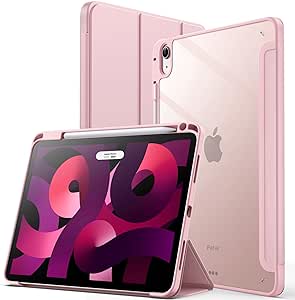 JETech Case for iPad Air 11-Inch M2 (2024), iPad Air 5/4 (2022/2020 5th/4th 10.9-Inch) with Pencil Holder, Clear Transparent Back Slim Stand Shockproof Tablet Cover, Auto Wake/Sleep (Pink)