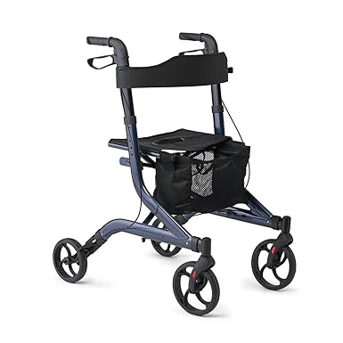 Medline Aluminum European Style Foldable Rollator with Backrest, 300 lbs. Capacity, Navy — For Foot & Leg Injuries & Post-Surgery Bariatric Care, 1 Ct.