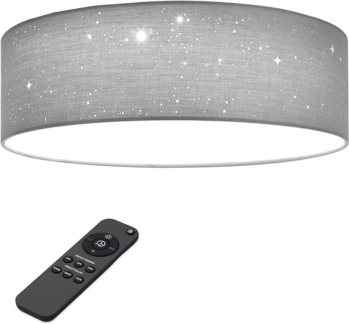 Navaris Flush Mount Ceiling Light - 12.6" Diameter Drum Lamp Shade LED Fixture with Remote Control - Bedroom Nursery - Light Gray with Star Effect