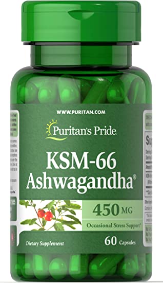 Puritan's Pride Ashwagandha KSM-66 Occasional Stress Support, 450mg, 60 Capsules (21655), 60 Count