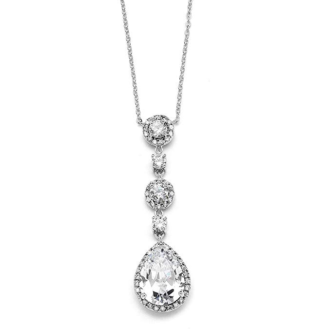 Mariell Cubic Zirconia Y-Shaped Necklace for Brides - Dangling CZ Teardrop Pear-Shaped Wedding Pendant