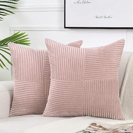 Fancy Homi 2 Packs Blush Pink Decorative Throw Pillow Covers 18x18 Inch for Living Room Couch Bed, Rustic Farmhouse Boho Home Decor, Soft Corss Corduroy Patchwork Textured Square Cushion Case 45x45 cm