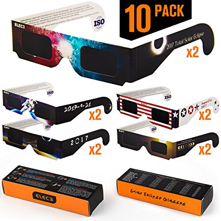 Elec3 Solar Eclipse Glasses - CE and ISO Certified Safe Shades for Direct Sun Viewing - Great American Eclipse 2017 - with time chart and view guide (10 Pack, 5 Styles)