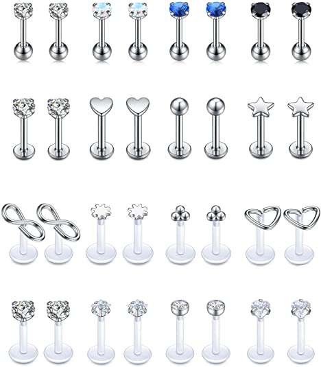 Tornito 16 Pairs 16G Clear Bioflex CZ Labret Monroe Lip Ring Stainless Steel CZ Stud Ring Tragus Helix Cartilage Earring Stud Barbell Piercings Jewelry Set for Women Men 6mm 8mm