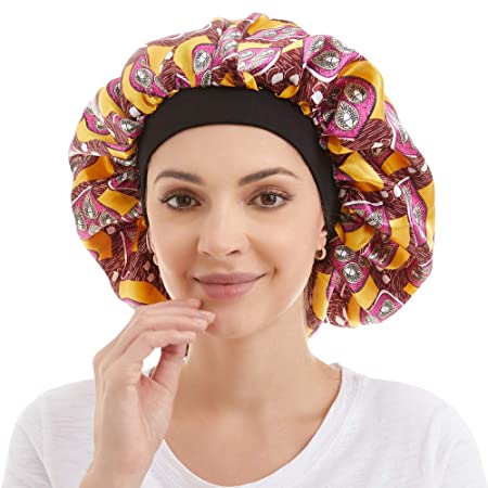 Large Satin Sleep Cap Silk Elastic Night Sleeping Hat Bonnet Nightcap Head Cover with Comfortable Wide Band for Women (TW-5)
