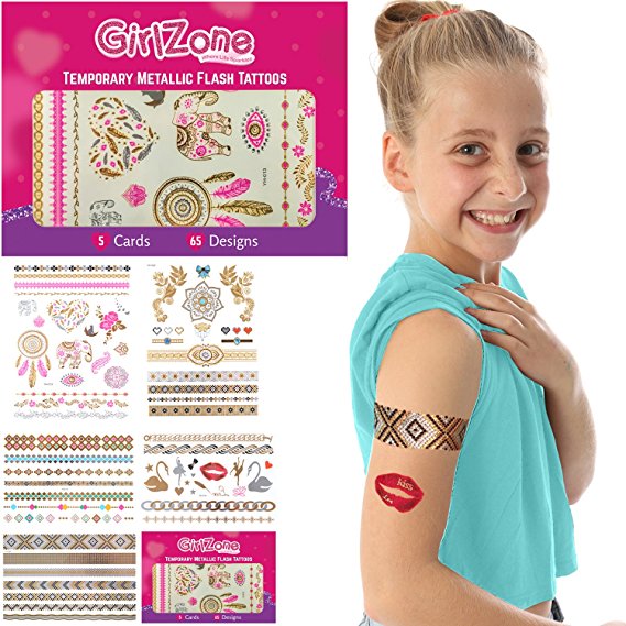 GIFTS FOR GIRLS: Metallic Flash Tattoos For Kids - Temporary Flash Tattoos - 5 Card Pack - 65 Designs. Best Birthday Present Gifts For Girls Age 3 4 5 6 7 8 9   years old