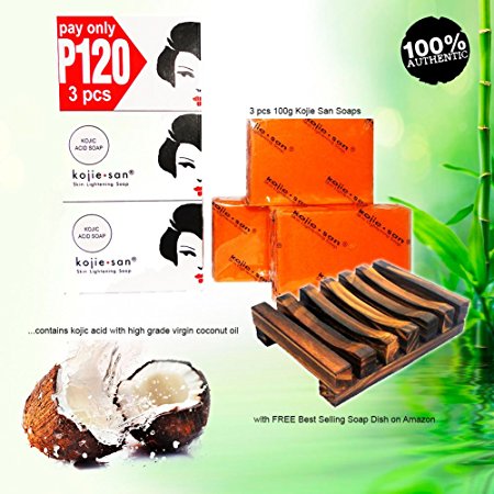 Whitening Soap for Dark Skin and Discoloration - Kojic Acid Soap by Kojie San Whitening Products Face and Body with Amazon Best-seller Bamboo Soap Dish