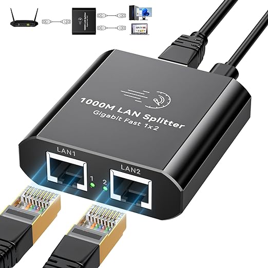 RJ45 Ethernet Splitter 1 to 2 High Speed 1000Mbps Dual Internet Port Splitter 1 in 2 Out LAN Splitter Adapter Support 2 Devices Simultaneous Networking Worked with Cat6/7/8 Cable