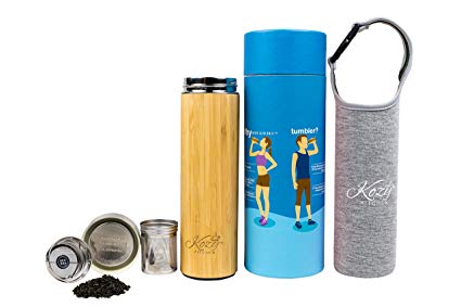 Organic Bamboo Tumbler with Tea Infuser & Strainer by Kozy Kitchen| 17oz Stainless Steel Water Bottle| Insulated BPA-Free Travel Mug With Mesh Filter for Brewing Loose Leaf |Gift For Tea Lovers (Gray)