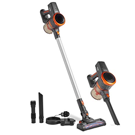 VonHaus Cordless 22.2V Lithium-ion 2 in 1 Stick Handheld Vacuum Cleaner with Powerful Suction and Lightweight Design - Includes Crevice Tool, Carpet Roller & Brush Accessories (Gray/Orange)