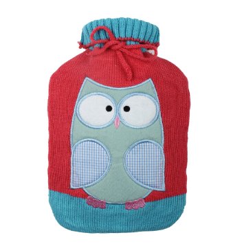 Large 2 Liter Soft Cute Hot Water Bottle Knit Cover - ONLY Cover 2 L Red with Owl