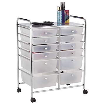 YourHome 12 Drawer Mobile Storage Salon Trolley,Home Office, Craft, Hairdressing, Beauty & Make-up Accessories Organiser with Lockable Castor Wheels (White)