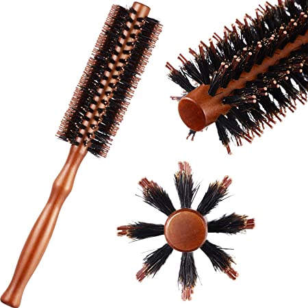 Boar Bristle Round Brush Round Hair Brush Wooden Handle Styling Brush Anti Static Quiff Roller Hair Comb for Women and Men, Straightening and Curling, Wet and Dry Hair (9.25 x 1.73 Inch)