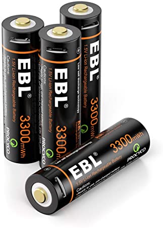 EBL USB Rechargeable AA Lithium Batteries(4 Pack) - 1.5V 3300mWh Long Lasting Rechargeable Double A Li-ion Batteries Quick Charge in 2 Hours with Micro Charging Cable