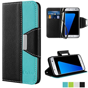 Galaxy S7 Case - Vakoo [Book Style] Premium-PU Leather Wallet Folio Mobile Phone Protector Cover Flip Case for Samsung Galaxy S7 5.1 Inch (Blue Black)