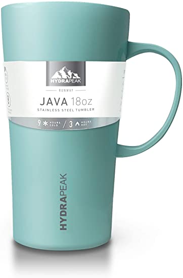 Hydrapeak 18oz Double Vacuum Insulated JAVA Coffee Mug. Stainless Steel Travel Mug, Tumbler Tea Cup with Water Tight Slide Lid and Handle (18 Ounce) (Aqua)