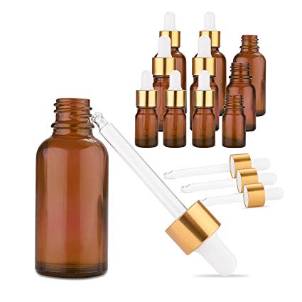 Kalevel Amber Glass Dropper Bottles with Waterproof Oil Proof Label Stickers Set Eye Dropper Glass Bottles for Essential Oils,Science,Chemistry Lab Chemicals (10 Pack)