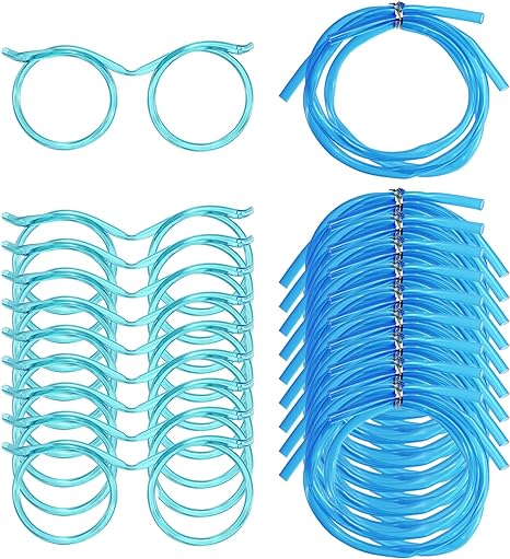 uxcell 16 Pcs Straw Glasses, Plastic Straw Eye Glasses, Round Novelty Drinking Eyeglasses Straws Reusable Straws for Fun Parties, Birthday, Blue, 125/355/625mm