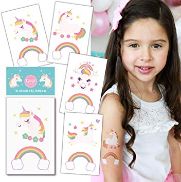 Gooji Unicorn Temporary Tattoos (16 sheets, 32 tattoos) Party Favors and Supplies for Children's Birthday | Fake, Non-Toxic, Skin Safe | Bright, Colorful Designs for Kids, Adults | Easily Removable
