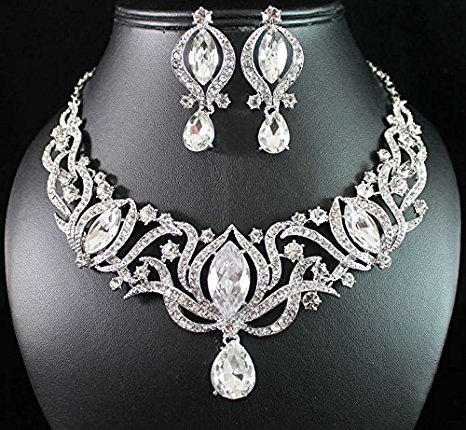 Janefashions Glamorous Clear Austrian Rhinestone Crystal Necklace Earrings Set N1782 Silver