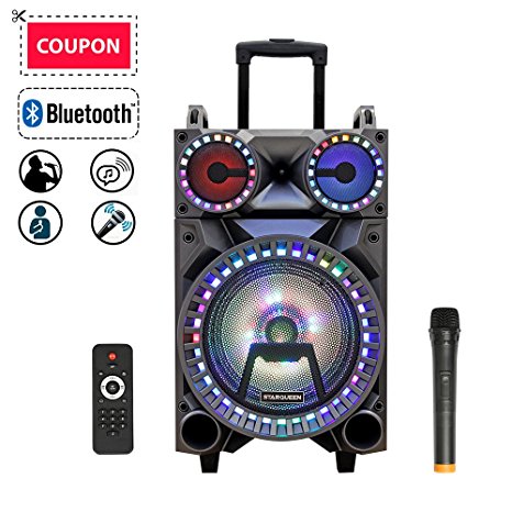 STARQUEEN Portable Pa System Bluetooth Rechargable Speaker 10" Woofer   Dual 3" Tweeter with Wireless Microphone Remote Control and LED Party Lights, AUX/USB/TF Input, Luggage Handle & Wheels