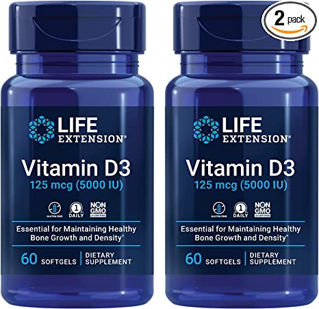 Life Extension Vitamin D3 125 Mcg (5000 Iu) – Promotes Bone Health, Brain Health and Immune Function – Non-GMO – Gluten-Free – Two Pack – 2 x 60 Softgels