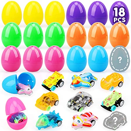 TOY Life Filled Easter Eggs with Toys Inside - Premade Prize Eggs with Pull Back Cars for Kids - Prefilled Plastic Easter Eggs for Egg Hunt - Easter Basket Stuffers - Egg Fillers Party Gift for Kids