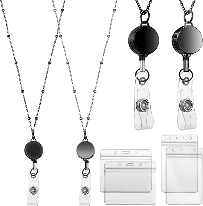 2 Pieces Badge Lanyard with ID Holders Stainless Steel Badge Necklace Retractable Reel Clip Chain Water Resistant Name Badge Holders for Girl Women (Black, Gray)