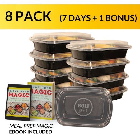 Bolt Goods Meal Prep Containers with Lids 8 Pack 28 Ounce BPA-Free Reusable Microwave Dishwasher Freezer Safe - THE ONLY Crack Chip Leak Resistant Food Storage Saver with BONUS Meal Prepping Ebook
