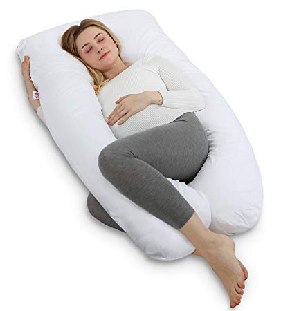 Meiz 55 Inch Pregnancy Pillow - U Shaped Body Pillow - for Pregnant Women and Baby Sleeping - with Cotton Cover - Elegant White
