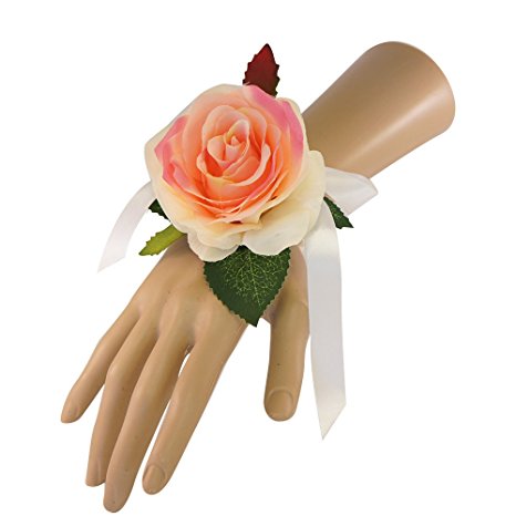 Wrist Corsage(XLWC001-RSPK) with pearl wristband-artificial roses hydrangea (Peach-Pink)