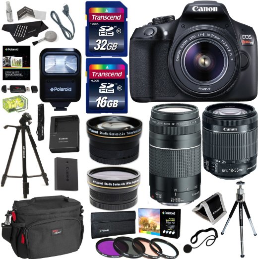 Canon EOS Rebel T6 Digital SLR Camera Kit with EF-S 18-55mm and EF 75-300mm Zoom Lenses   Polaroid .43x Super Wide Angle & 2.2X HD Telephoto Lens   Polaroid Tripods   Memory Cards   Accessory Bundle