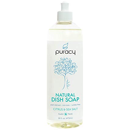 Puracy Natural Liquid Dish Soap, Sulfate-Free Dishwashing Detergent, Citrus & Sea Salt, 16 Ounce