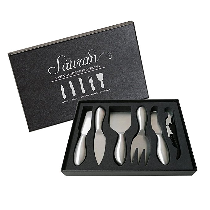 5-piece Cheese Knife Set, Sauran Stainless Steel Butter knife, Designed to Serve Cut Slice and Spread Cheese, Butter, Cream, and Bread, Multi-function Kitchen Knives, Perfect Gift for All Occasions