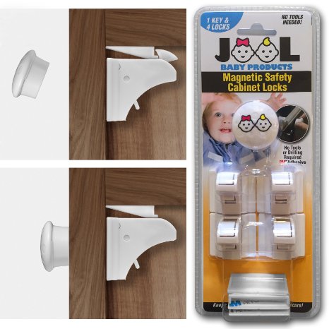 JOOL Childproof Magnetic Cabinet Locks Set with 4 Locks and 1 Key - Drill and Tool Free - Baby Safety and Childproof Solution for Home - Perfect for Kitchen and Bathroom Cabinets - Universal Design