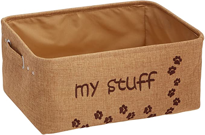 Winifred & Lily Pet Toy and Accessory Storage Bin, Organizer Storage Basket for Pet Toys, Blankets, Leashes and Food in Embroidered “My Stuff”, Khaki