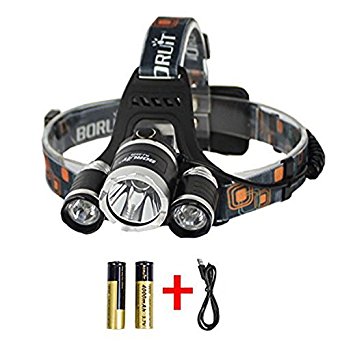 Boruit Rechargeable LED Head Torch Light with 4 Modes, 6000 lumens Waterproof Headlamp, 3* XM-L T6 Adjustable Headlight Flashlight Head Lamp for Camping Hunting Hiking Running Walking Bicycling Outdoors Light