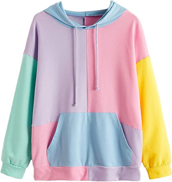 DIDK Women's Long Sleeve Colorblock Drop Shoulder Drawstring Hoodie Sweatshirt