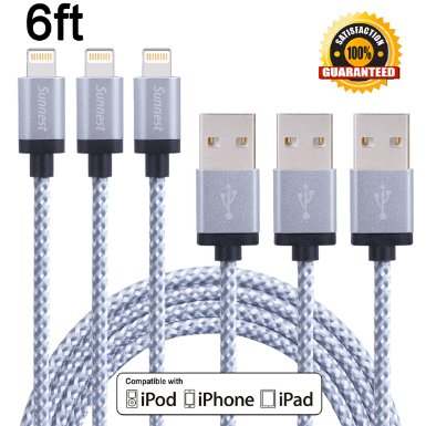 Sunnest 3Pack 6FT Extra Long Nylon Braided 8 Pin Lightning Cable USB Charging Cord with Aluminum Connector for iPhone 6/6s/6 plus/6s plus, 5c/5s/5, iPad Air/Mini, iPod Nano/Touch(White)