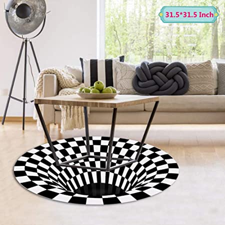 3D Area Rug Floor Mat Round Carpet 3D Visual Illusion Shaggy Rug for Lvining Bedroom,Black White Plaid Round Rugs 3D Visual Vortex Optical Illusions Anti-Slip Floor Mat for Dinning Room (80x80cm)
