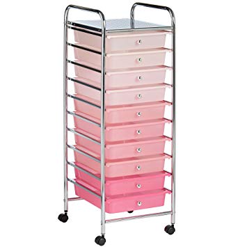 VonHaus 10 Drawer Storage Trolley | For Home Office Stationery and Organisation or Salon, Make-up, Hairdressing & Beauty Accessories | Mobile Design with 4 Tier Shelving and Castor Wheels | Pastel Pink