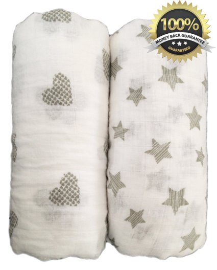 SUMMER PROMOTION - Muslin Swaddle Blankets 2 Pack - 100% Cotton - 47 inch x 47 inch Large Softest Muslin Baby Blanket - Star and Heart - Unisex for Boys or Girls - Lifetime Guarantee