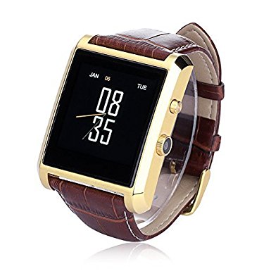 Luxsure Bluetooth 4.0 Smart Watch Waterproof Wrist Watch Phone with Camera Touch Screen and PU Leather Strap Band Smartwatch for IOS iPhone 6 6 plus Samsung Android Smartphones(Gold)