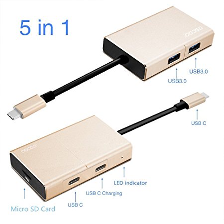 USB C Hub, OSCOO 5-in-1 USB C Adapter 3.1 with Type C Charging Port, Micro Card Reader, 2 USB 3.0 Ports for MacBook Pro 2015/2016, Google Chromebook 2016 and more USB C Devices(Gold)