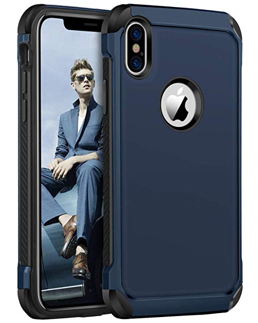 BENTOBEN iPhone X Case, iPhone Xs Case Slim Shockproof 2 in 1 Faux Leather Hard PC Soft Bumper Dual Layer Hybrid Anti-Slip Grip Protective Phone Cases Cover for iPhone X/XS 5.8 inch, Navy Blue/Black