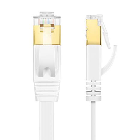 TNP Cat7 Shielded Ethernet Flat Patch Network Cable - 10Gbps 600Mhz High Performance with Snagless RJ45 Connectors Gold Plated Plug S/STP Wires Networking Cable Wiring Black (15 Feet, White)