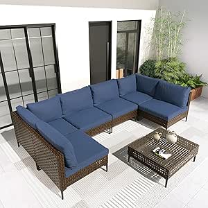 Grand patio 7-Piece Wicker Patio Furniture Set, Retro Outdoor Conversation Set Sectional Sofa with Water Resistant Blue Thick Cushions and Coffee Table, Brown