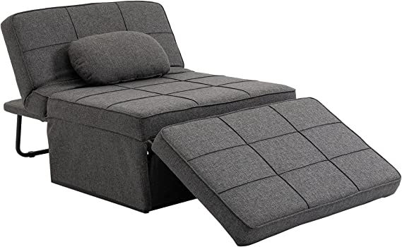 HOMCOM Fauteuil chauffeuse Chaise Longue Pouf 3 en 1 Dossier inclinable 5 Niveaux Repose-Pied Rabattable châssis métal Noir Lin Gris