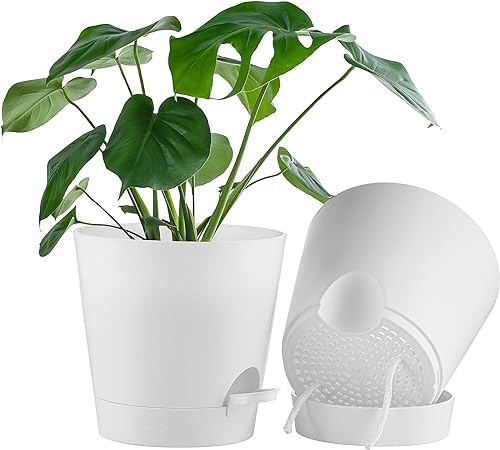 FaithLand 2-Pack 9 Inch Planter Pots for Indoor Outdoor Plants, Self Watering Flower Pots with Deep Reservoir, White …